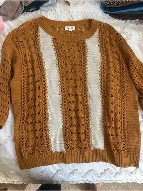 La Vieille Mustard Knit Openwork Sweater with Cream Panels Large